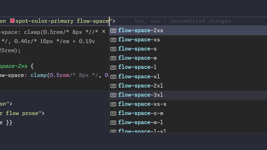 Screenshot in VS Code showing the available flow-space-classes we created, using the Tailwind CSS IntelliSense addon