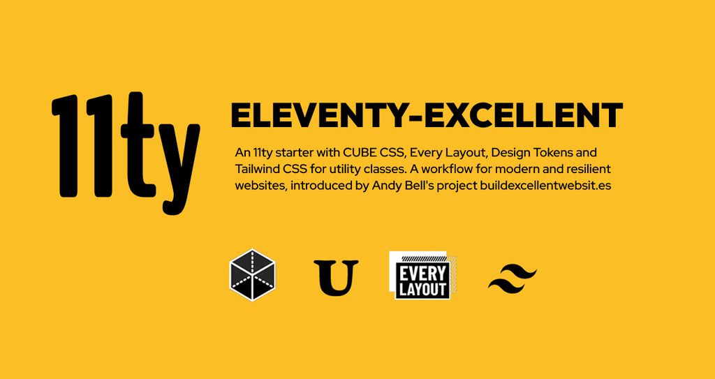Visible content: Eleventy starter built around the CSS workflow for Cube CSS, Every Layout, Design Tokens and Tailwind for uitility, based on the concepts explained in buildexcellentwebsit.es